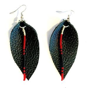 Hand-beaded Black Leather Petal Earrings, 3”